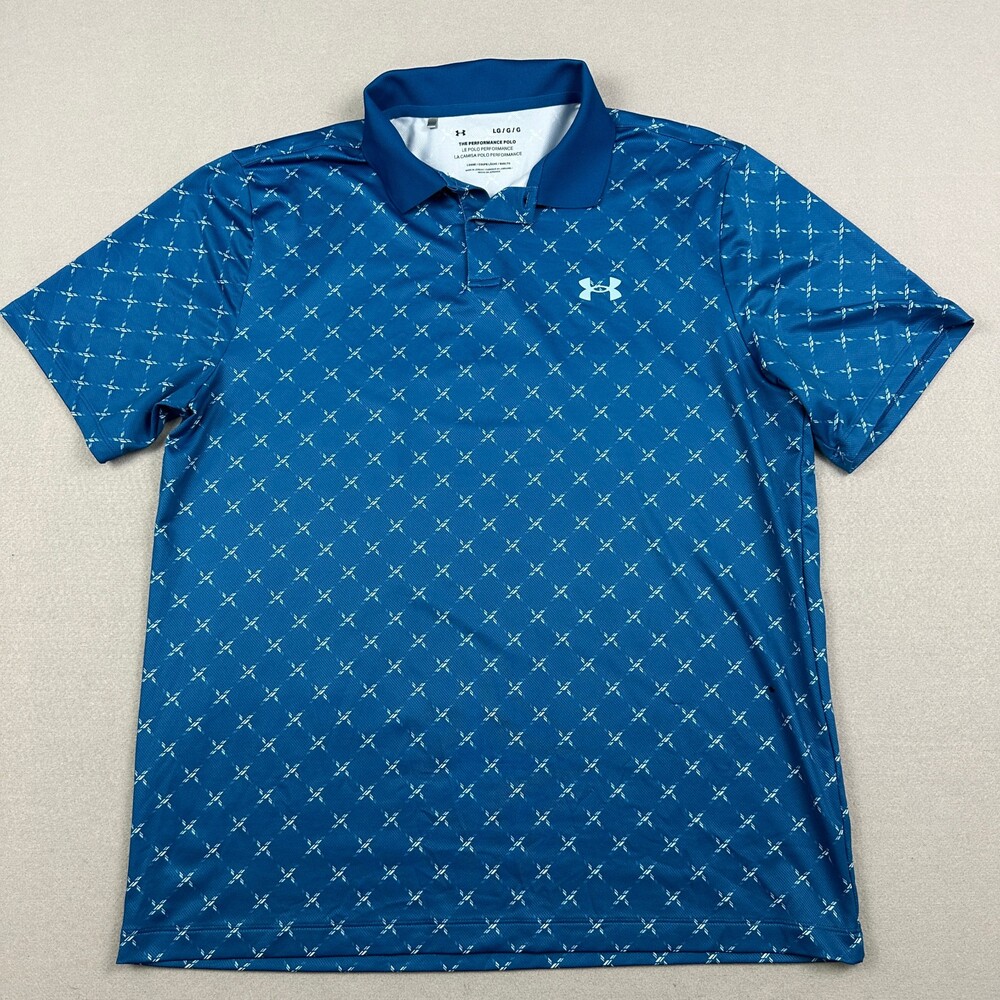 Under Armour Shirt Men Large Blue Geometric Performance Polo Golf Short Sleeve L